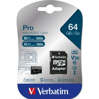 Afbeelding van Verbatim microSDXC kaart 64GB, PRO, U3, UHS I, 4K UHD (R) 90MB/s, (W) 45MB/s, SD adapter, blisterver