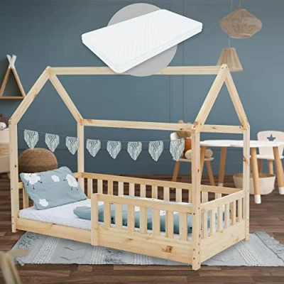 Afbeelding van Kinderbed met bescherming tegen uitvallen lattenbodem en dak 80x160 cm Natuurlijk dennenhout ML Design
