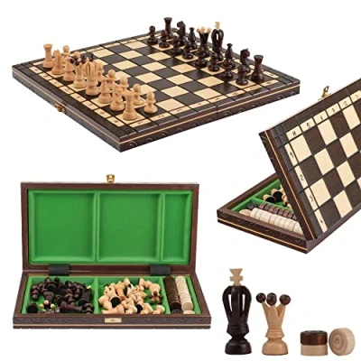 Afbeelding van Great KINGDOM 35cm / 13.8in Handcrafted Wooden Chess Set with Draughts/Checkers/Drafts (Brown)
