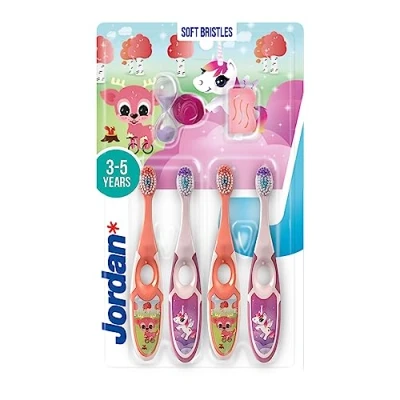 Afbeelding van Jordan ® Step 2 Kindertandenborstel, tandenborstel voor kinderen van 3 tot 5 jaar, zachte borstelharen, ergonomische en BPA vrije dubbele handgreep, kleur roze geel, verpakking 4 stuks