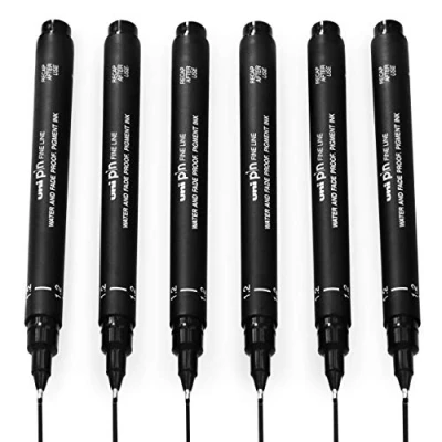 Afbeelding van Uni Pin Fineliner Tekening Pen Zwarte Inkt 1.2mm Penpunt Pack van 6