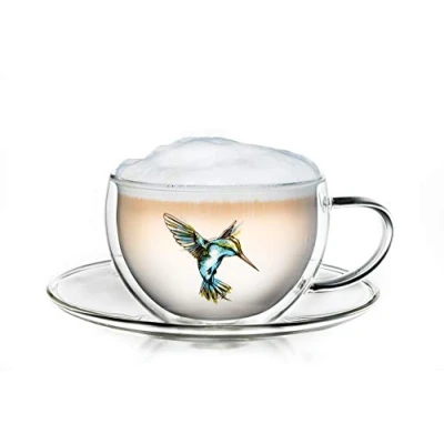 Afbeelding van Creano Thermo kop dubbelwandige thee/latte macchiato cappuccino kolibrie met schotel 250 ml, blauw