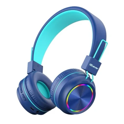 Afbeelding van iClever Bluetooth kinderhoofdtelefoon, kleurrijke verlichting, led, 94 dB volumebegrenzing, opvouwbaar, instelbaar, draadloos en kabel, ingebouwde microfoon voor pc, tablet, Kindle