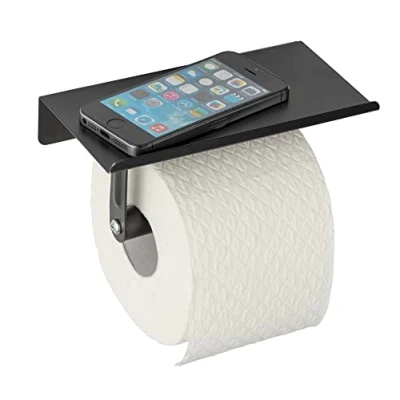Afbeelding van Allstar Walli Toiletpapierhouder voor aan de muur, mat zwart met plank, staal, 18 x 9,5 7,5 cm,