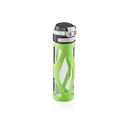 Afbeelding van Leifheit Glazen fles, flip, 600 ml, 100% dichte sportfles, praktisch te openen met één hand, drinkfles filter voor fruitgebruik, duurzame waterfles, BPA vrij, schokbestendig, groen