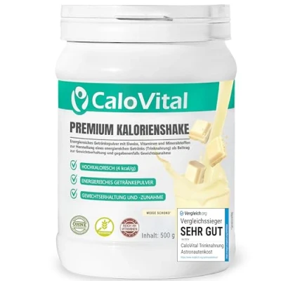 Afbeelding van CaloVital Drinkvoeding met hoge calorieën, voor gewichtstoename koolhydraten en eiwitten als calorieshake dosis veel vitaminen premium kwaliteit uit Duitsland (witte chocolade 500 g)
