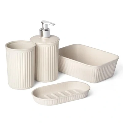 Afbeelding van TATAY Baobab ECOHOME Badkamer tafelset (beker + zeepdispenser zeepbakje organizer A6), van polypropyleen, BPA vrij, 100% gerecycled kunststof, beige