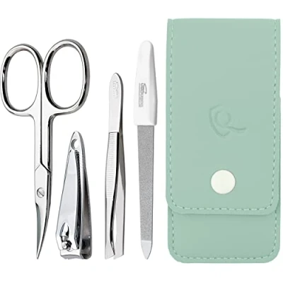 Afbeelding van marQus Solingen Duitsland Manicureset 4 delig inclusief schaartje, nagelvijl, nagelknipper en pincet met koffer perfect voor hem of haar thuis op reis , Mint