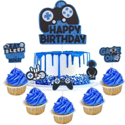 Afbeelding van Party Cake Toppers 6 stuks videogame cupcake topper picks, blauw zwart gaming thema verjaardag decoraties, verjaardagsfeestje benodigdheden decoraties voor jongens meisjes kinderen