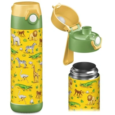 Afbeelding van Jarlson® Mali Drinkfles voor kinderen, roestvrij staal, BPA vrij, lekvrij, kinderfles met Chug deksel, fles school, kleuterschool, 350 ml (safari, 500 ml)