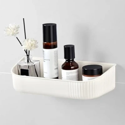 Afbeelding van YOHOM beige doucherek zonder boren doucheplank zelfklevende plank badkamer douche organizer kunststof caddy geen badkamerplank aan muur