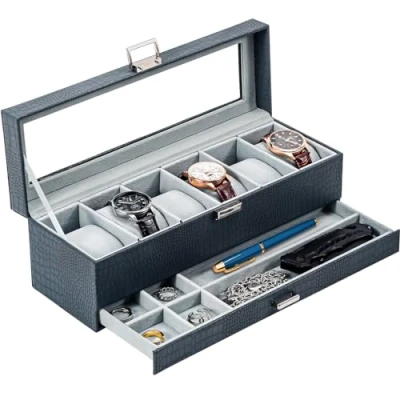Afbeelding van ProCase horlogedoos met 6 vakken, glazen deksel, 2 niveaus, horlogekoffer uitneembare horlogekussens, voor sieraden, ringen, armbanden en halskettingen, blauw