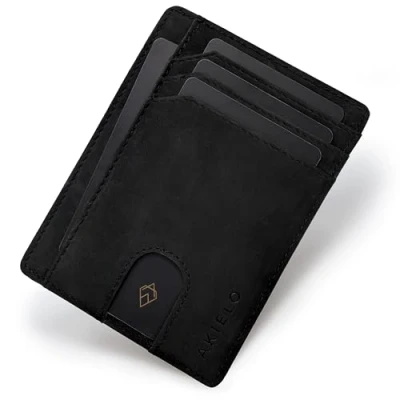 Afbeelding van AKIELO RFID Blokkerende Creditcardhouder en Geschenkdoos Ultra Dunne Portemonnee voor Heren Minimalistische Kaart (BRAVO Zwarte Editie)