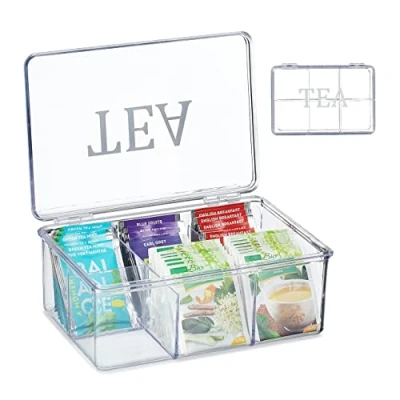 Afbeelding van Relaxdays theedoos 6 vaks kunststof theekist doorzichtige thee bewaardoos organizer