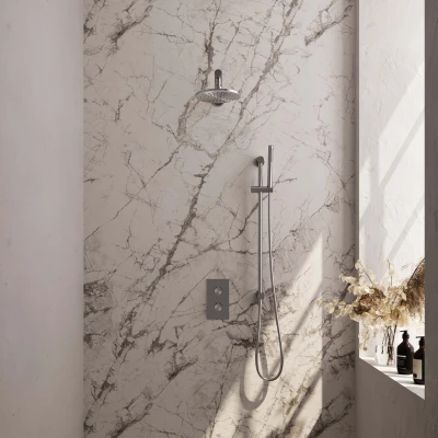Afbeelding van BRAUER Brushed Edition thermostatische inbouw regendouche 3 weg omstelling SET 37 met 20 cm douchekop en rechte muurarm staaf handdouche