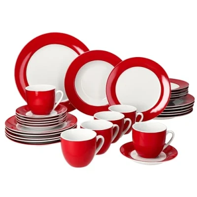 Afbeelding van MamboCat Variant 30 delig combiservies, porseleinen serviesset met rode rand, voor 6 personen, x koffiekopjes 200 ml, schoteltjes, taartborden, soepborden en platte borden, rood