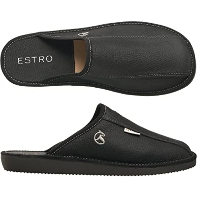 Afbeelding van ESTRO Pantoffels Heren Herenpantoffels Thuis Instappantoffels Herenslipper Huisschoenen Leer Memory Foam Traagschuim FROST (46, Onyx)