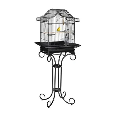 Afbeelding van Relaxdays vogelkooi op standaard, kanarie, vink, zitstok, voerbak, kooi voor vogels, de HBD 146,5 x 55 50 cm, zwart