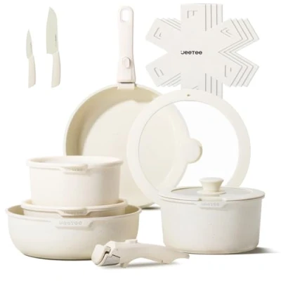 Afbeelding van JEETEE Potten en pannen Set Non Stick 17 stuks, Keuken Kookgerei Sets met Afneembare Handvat, Inductie Nonstick Verwijderbare Stapelbaar RV Kookgerei, Oven Veilig, PFOA vrij