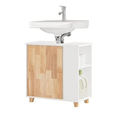Afbeelding van SoBuy Wastafel Onderkast Wastafelmeubel Badkamerkast Badkamer Opbergkast Opbergplank Wastafelkast met Deur en 2 Zijvakken Wit, 60 x30 x cm, BZR75 W