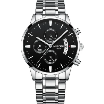 Afbeelding van NIBOSI Horloges voor mannen Luxe Zilver Zwart Design Heren Horloge Ø42