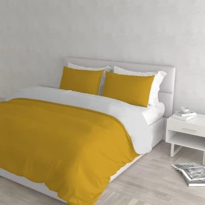 Afbeelding van Italian Bed Linen Natuurlijke Kleur Dekbedovertrek Set met Doubleface Effen Tas Sheet en Kussensloop, 100% Katoen, Mosterd/Lichtgrijs, dubbele