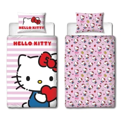 Afbeelding van Hello Kitty Officieel gelicenseerd Design eenpersoons dekbedovertrekset Omkeerbaar 2 zijdig kattenbeddengoed inclusief bijpassende kussensloop Perfect voor kinderslaapkamer Polykatoen