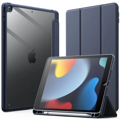 Afbeelding van JETech Case voor iPad 10,2 Inch (9e/8e/7e Generatie, 2021/2020/2019) met Pencil Houder, Clear Transparant Achterkant Shell Slank Standaard Schokbestendig Tablet Hoes Cover (Diep Marineblauw)