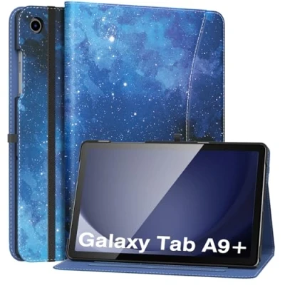 Afbeelding van MoKo Case for Samsung Galaxy Tab A9 Plus 11&quot; 2023 (SM X210/SM X216/SM X218), PU Leather Multi Angle Viewing Folding Stand Cover with Hand Strap, Front Pocket, Auto Wake/Sleep, Blue Starry Sky