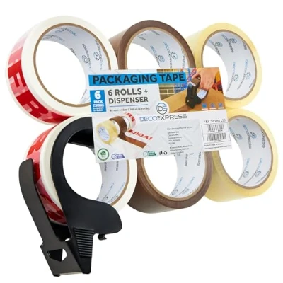 Afbeelding van Verpakking Tape Dispenser met 6 Rollen Sterke Bruine Breekbare Duidelijke Heavy Duty voor Verpakken Dozen Verhuizen Huis Essentials (Kleine Mixed)