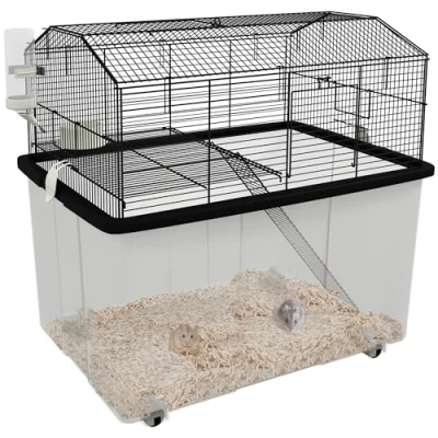 Afbeelding van PawHut hamsterkooi, knaagdierkooi, 2 etages, met wielen, platform en ladder, staaldraad, 57 x 43 cm, zwart