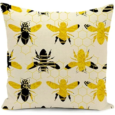 Afbeelding van KUNQIAN Bee Kussenhoes Geel Kussensloop Linnen Honingraat Decor voor Thuis Woonkamer Buiten Bank Bed Sofa Versieren Sierkussenhoes Gift 45 x cm