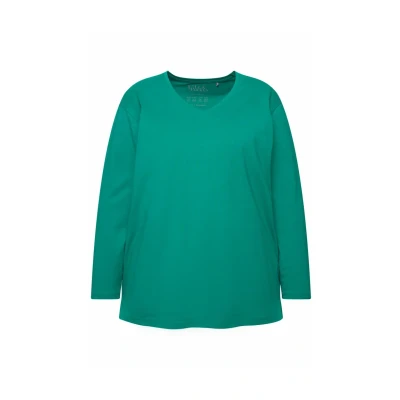 Afbeelding van Ulla Popken Dames grote maten plus size shirt, V hals, relaxed, lange mouwen, smaragd groen., 58 60