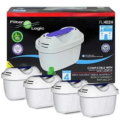 Afbeelding van FilterLogic FL402H 4 pack waterfilters compatibel met Brita Maxtra+ Plus filterpatronen voor Marella Style Flow Aluna Elemaris XL cool tafelwaterfilter &amp; Tassimo koffieautomaat cartridges