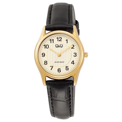Afbeelding van Q&amp;Q C49A 002PY Horloge Dames Goudkleurig Duidelijke wijzerplaat Zwart lederen band 30MM