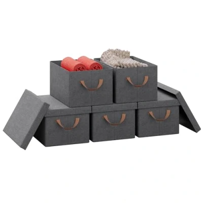 Afbeelding van WOLTU ABB01gbn 5 Opbergdozen, delige set, doos met deksel, stoffen doos, opbergmand, opvouwbare opbergkubus handgrepen, vouwdoos, voor kleding, speelgoed, grijs, 38 x 20 27 cm