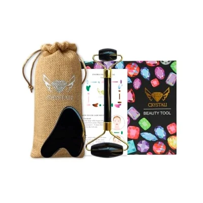 Afbeelding van Crystali Gua Sha Set Anti aging gezichtsmassage roller en schraper gezonde, mooie, jonge huid zwarte obsidiaan uit Madagaskar