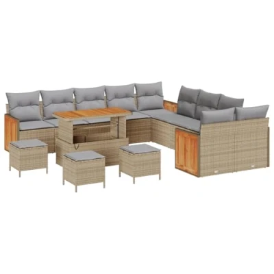 Afbeelding van vidaXL 14 Delige Tuinsofa Set met Kussens Beige Poly Rattan Acacia