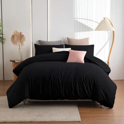 Afbeelding van Soifox Beddengoed 220 x 240 cm, zwart, beddengoedset van microvezel, strijkvrij en kreukvrij, dekbedovertrek cm set, kussensloop 80 set 2, met ritssluiting