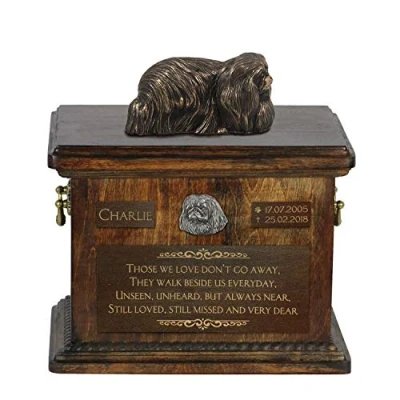Afbeelding van Art Dog Custom Sitting Statue Memorial Urn Handgemaakt koud gegoten brons op berkenhouten voet 8,3x11,4x8,7 5l Pekinees