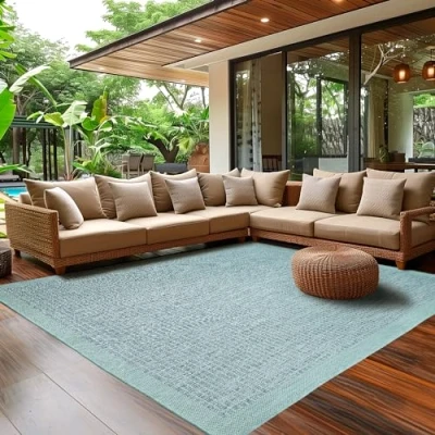 Afbeelding van Buitentapijt voor Terras, Balkon en Tuin, Keukentapijt in Effen Ontwerp, Weerbestendig Platgeweven met Sisal Look, Wasbaar Tapijt Diverse Maten Kleuren 160 x 230 cm, Blauw