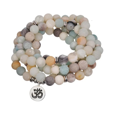 Afbeelding van Mala Amazoniet OM Ketting 108 8mm kralen Edelsteen Meditatie Yoga Boeddhisme Ohm Sparkolia