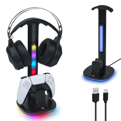 Afbeelding van Mcbazel Oplader voor PS5 controller DualSense met veelzijdige RGB verlichting en hoofdtelefoonhouder, compatibel controllers.