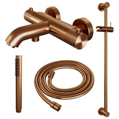 Afbeelding van BRAUER Copper Carving opbouw baddouche thermostaatkraan SET 01 met glijstang en staaf handdouche doucheslang koper geborsteld PVD