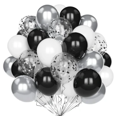 Afbeelding van Zwarte witte zilveren ballonnen, 60 stuks, 30 cm, mat zwart, wit, metallic, zilver, feestballonnen, set met confetti, latex ballonnen voor verjaardag, bruiloft, babyshower, afstudeerfeest,