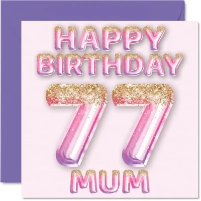 Afbeelding van 77e verjaardagskaart voor mama roze en paarse glitterballonnen gelukkige verjaardagskaarten 77 jarige moeder, moeder van zoon dochter, 145 mm x cadeau