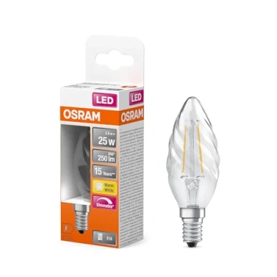 Afbeelding van OSRAM LED Superstar Classic Lampe mit Filament in klassischer gedrehter Minikerzenform, klares bleifreies Glas, 2.8 W, 250 lm, warmweißes Licht (2700 K), E 14 Sockel, 35 mm Durchmesser, IP20, dimmbar.