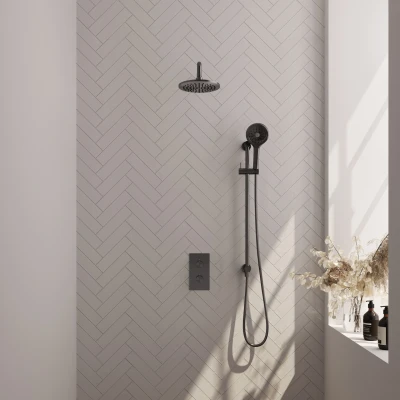 Afbeelding van BRAUER Gunmetal Edition thermostatische inbouw regendouche 3 weg omstelling SET 45 met 20 cm douchekop en gebogen muurarm standen handdouche