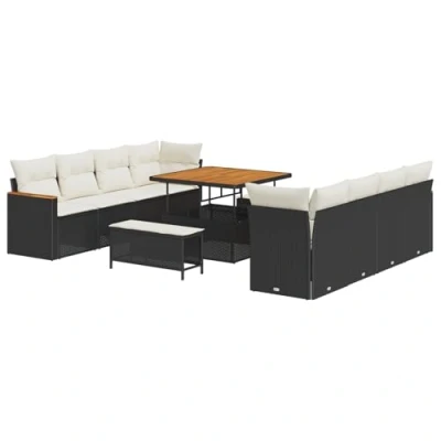 Afbeelding van vidaXL 11 delige Tuin Sofa Set met Kussens Zwart Poly Rattan Acacia, 3 Eetset Acacia