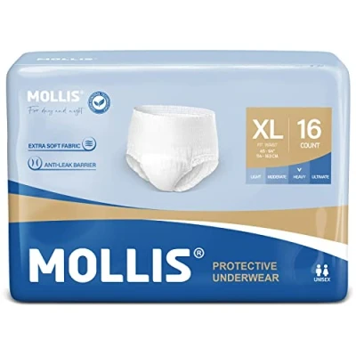 Afbeelding van MOLLIS incontinentie en postpartumondergoed voor volwassenen dames heren, wegwerpondergoed met lekbescherming &#039;s nachts, geurbestrijding, X Large, 16 stuks